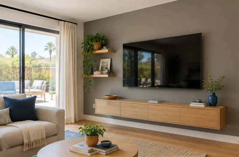 Illustration: a TV, screen off, on a warm-gray apartment living-room wall above a slim console, with a small sofa, a sliding patio door and a trailing plant