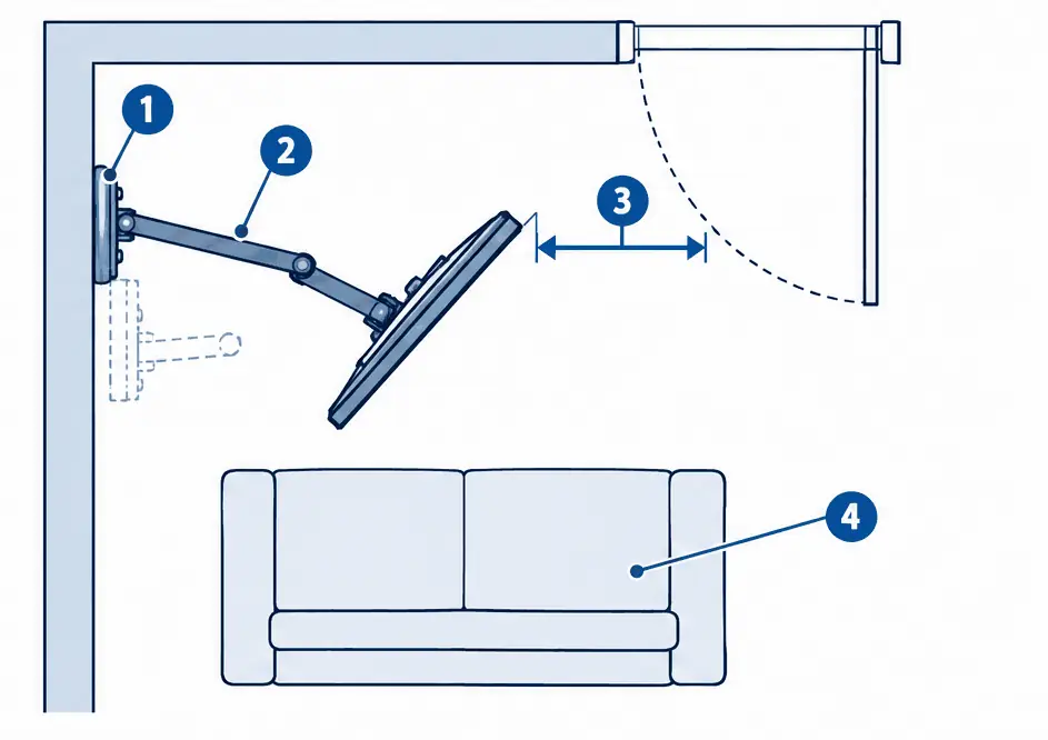 Diagram: top view of a room corner, a swing arm fixed to one wall extended toward a sofa, a dashed door swing arc and the clearance between them