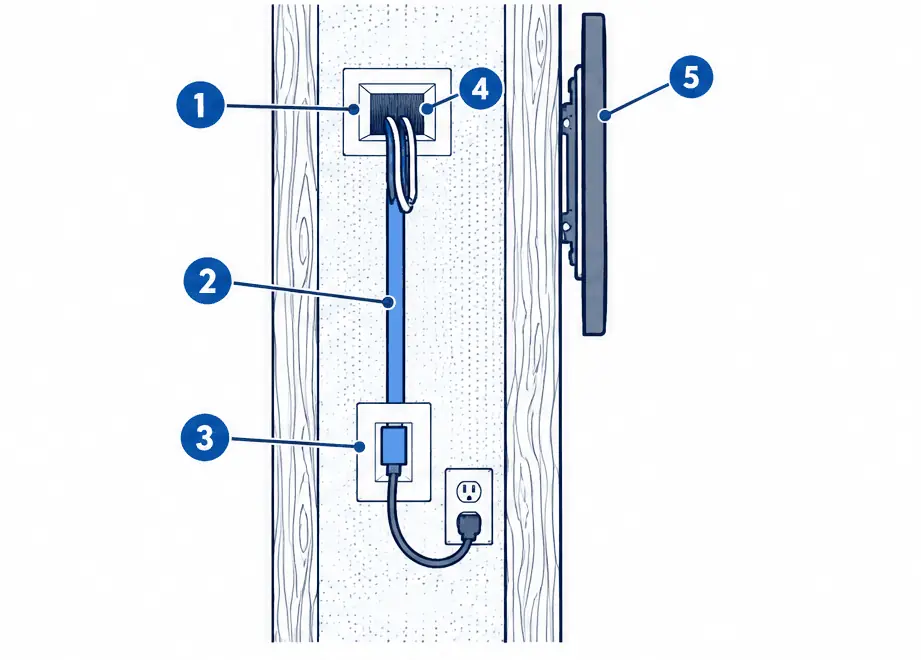 Diagram: side section of a wall cavity between two studs, an upper recessed outlet plate behind a mounted TV, a lower inlet plate with a short cord to an existing outlet and a rated cable between them