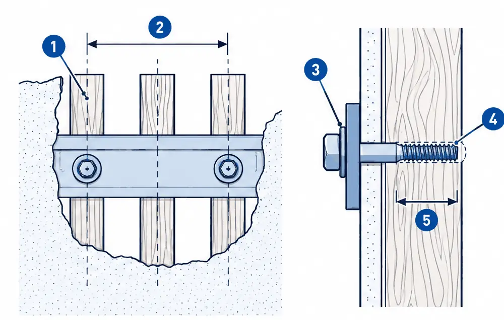 Diagram: front cutaway of a wall with three studs and a plate bolted into the outer two of them, and an enlarged side section of one lag bolt biting into the center of a stud