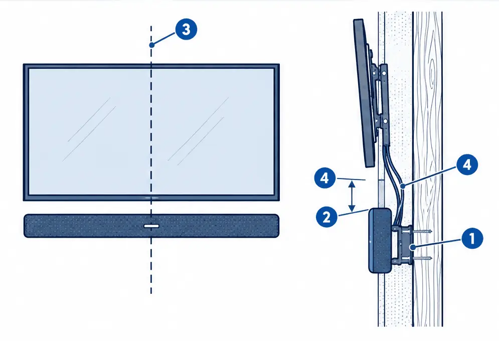 Diagram: front view of a TV with a soundbar centered below it, and a side section showing the bar on its own bracket screwed into a stud with a small gap under the TV