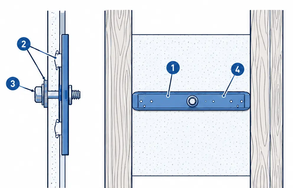 Diagram: side section and cutaway of a strap toggle, a steel channel lying flat against the back of the wall surface with a bolt through its center and the plastic straps snapped off flush