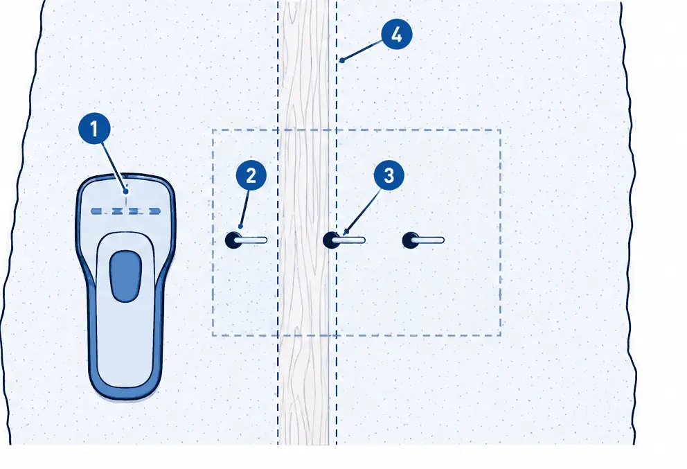 Diagram: front view of a wall with part of the surface cut away, a vertical stud behind, a stud finder's rough guess as a dashed band and three small probe holes, one missing the stud and two reaching the wood