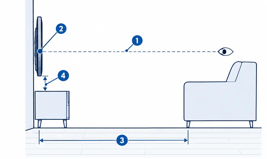 Diagram: side view of a living room, a sofa with a seated eye, a dashed eye line to the TV center, the distance on the floor and a small gap above a low console