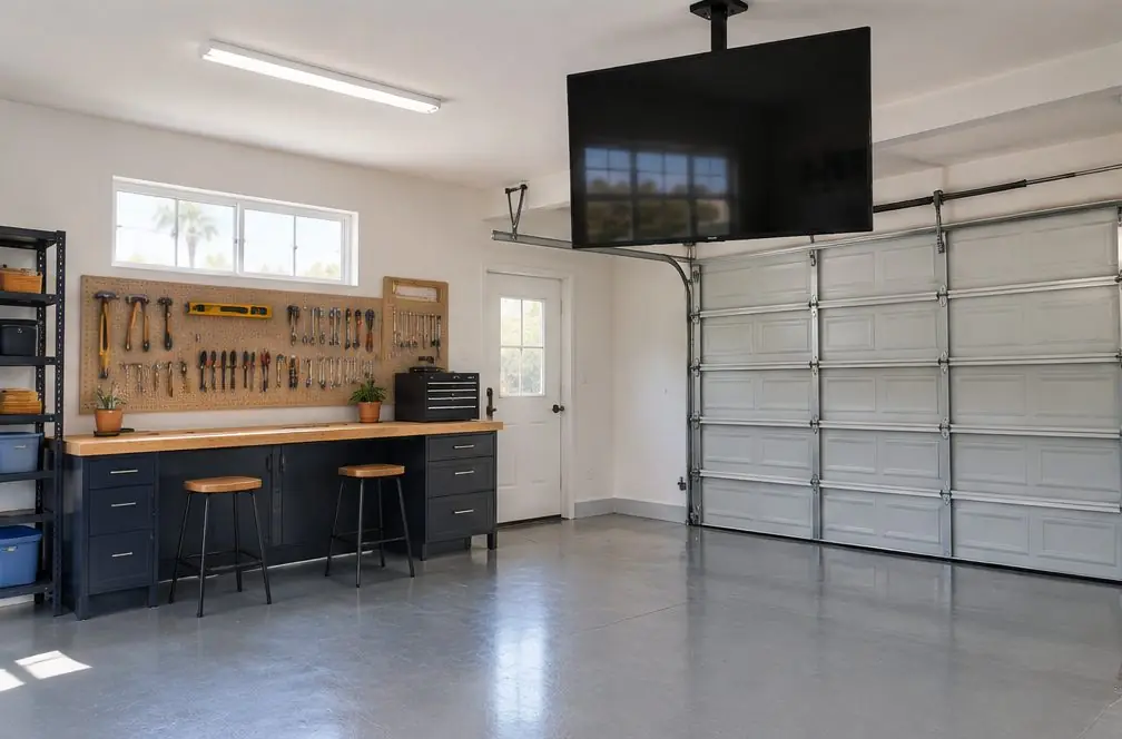 Illustration: a switched-off TV on a ceiling drop mount in a tidy two-car garage with a workbench, a pegboard wall and a closed roll-up door, no people