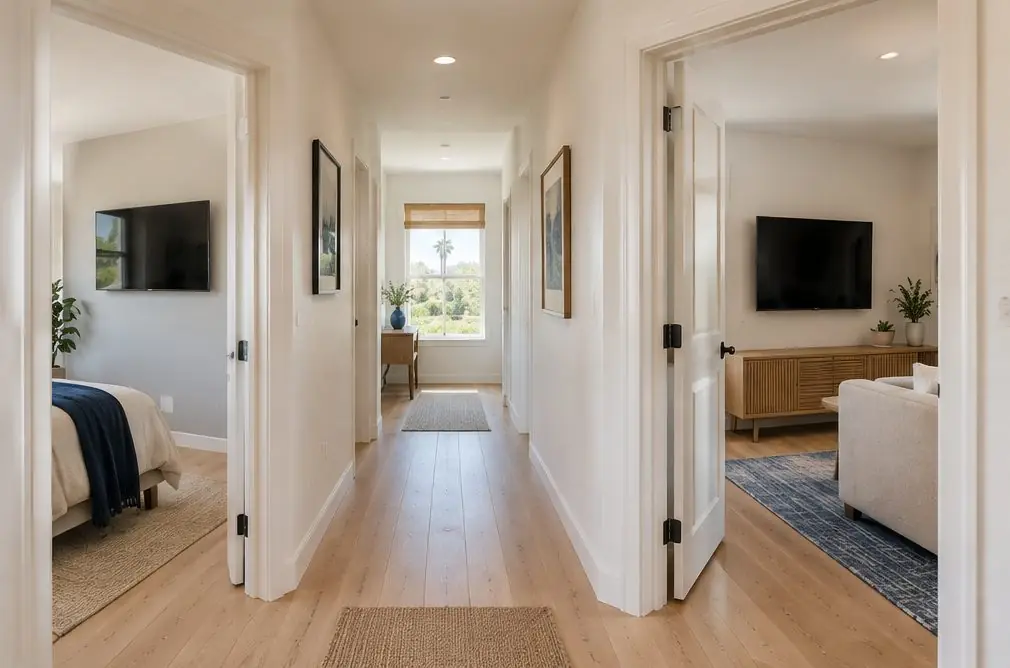 Illustration: a hallway of a Westminster single-story home with open doors showing a bedroom wall and a family-room wall each with a TV, all screens off