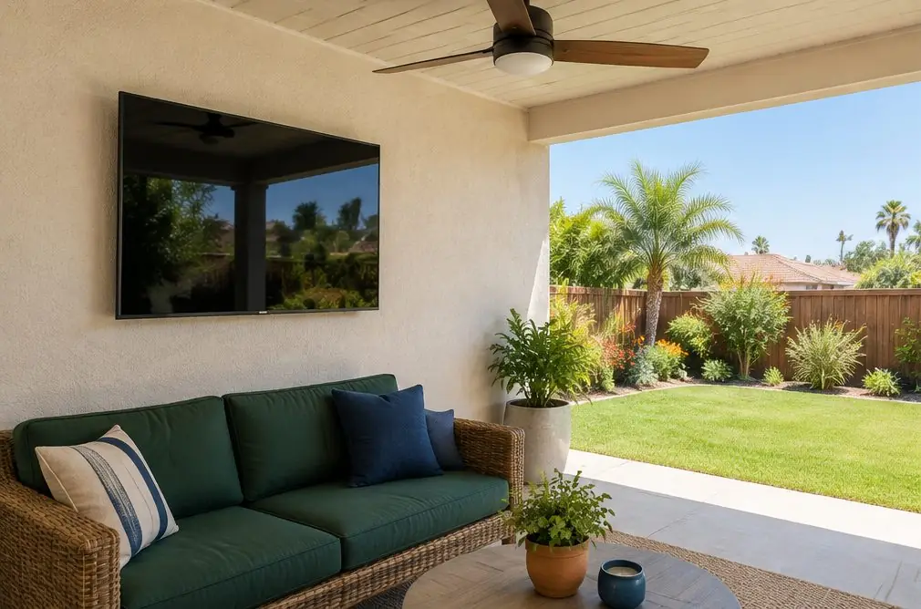 Illustration: an outdoor-rated TV, screen off, on a cream stucco wall under a covered backyard patio, with a rattan loveseat, a ceiling fan and a small lawn beyond