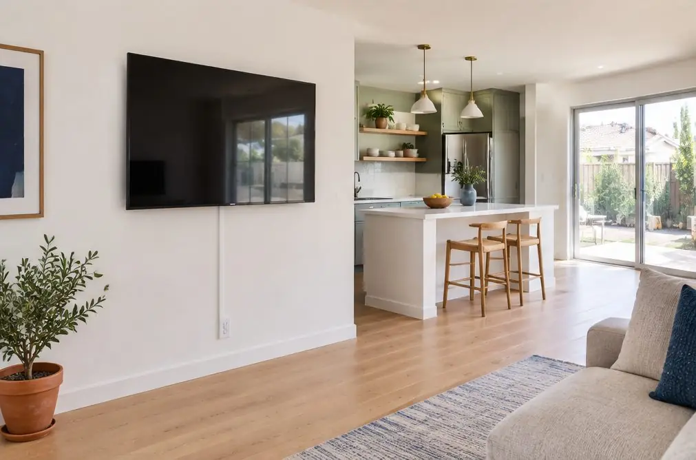 Illustration: a TV, screen off, on a smooth white drywall wall in a remodeled open-plan living room with a kitchen island and a sliding glass door