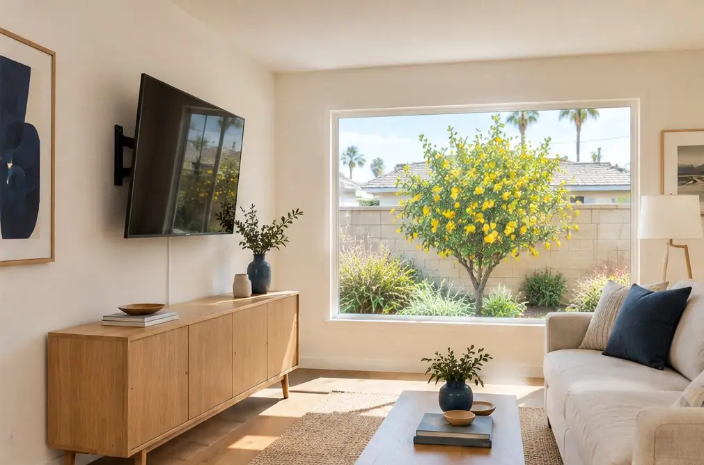 Illustration: a 55-inch TV, screen off, on a fixed wall mount above a low console in a tract-house family room with a standard ceiling, a sofa and a window to the yard