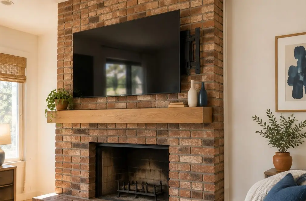 Illustration: a TV, screen off, above a red-brown brick fireplace with a plain wood mantel in a living room, a pull-down arm folded flat beside it