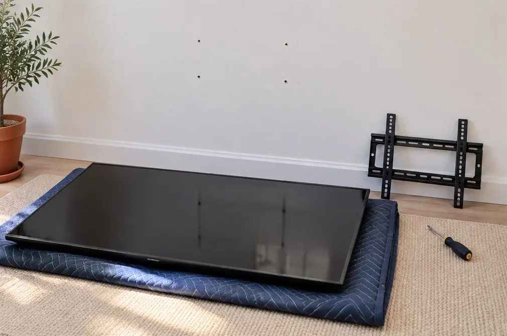 Illustration: a bare wall with a few small screw marks next to a switched-off TV resting on a blanket on the floor, with a bracket and a screwdriver beside it, no people