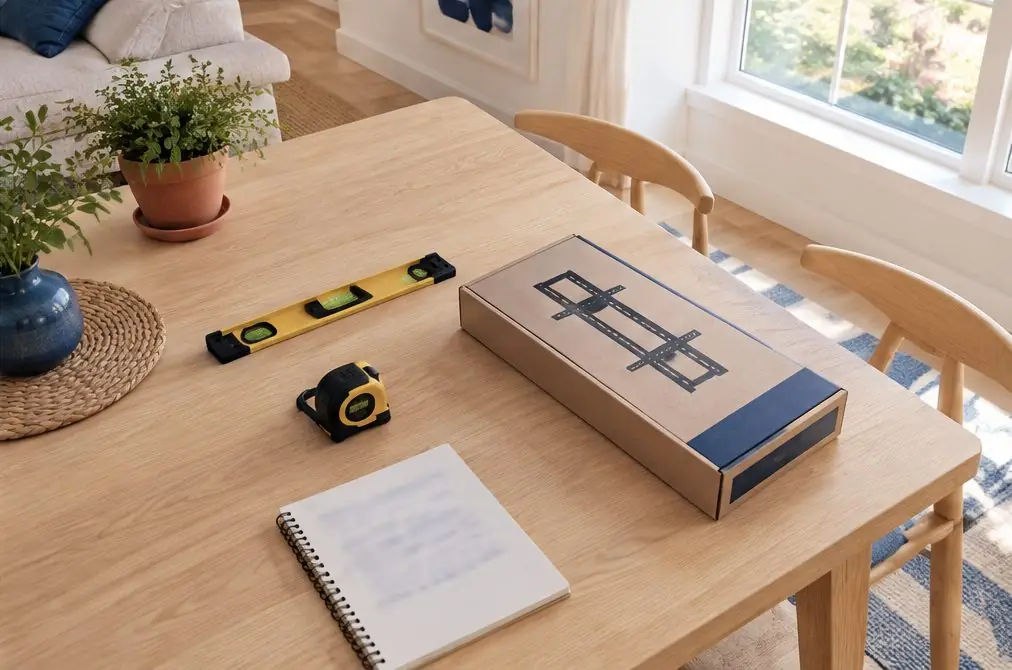 Illustration: a tape measure, a spirit level, a boxed TV bracket and a notepad with blurred figures on a pale wood table in a Westminster family room, no people