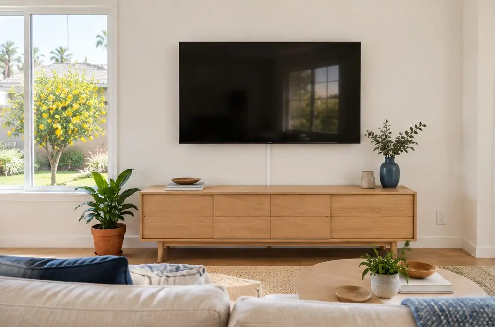 Illustration: a 55-inch TV with the screen off on a fixed wall mount above a low oak console in a bright Westminster living room with a linen sofa and a front window